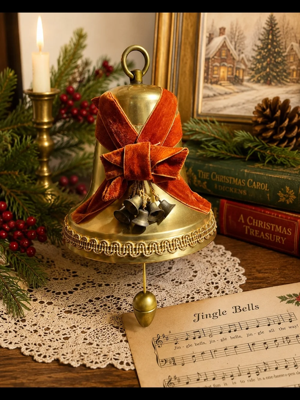 Brass Decorative Bells with Rust Velvet Bows
